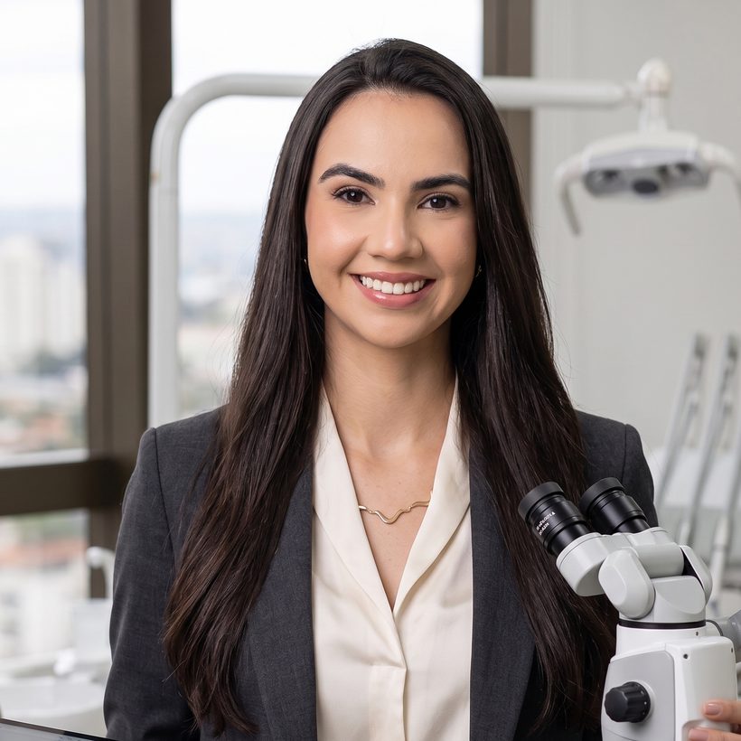 Dra. Brenda Rodrigues, cirurgiã-dentista, sorrindo em seu consultório na Asa Norte, Brasília